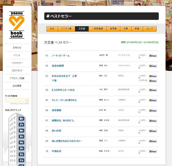 八重洲ブックセンター本店様の文芸書ベストセラー